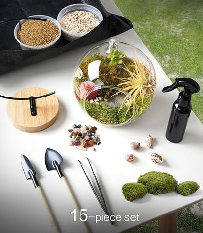 DIY Terrarium Kit with Live Moss, 15-Piece Glass Globe Set | Complete DIY Experience, Beginner Friendly, Wooden Display Stand, Gift-Ready Set, Indoor Nature Decor, Easy Assembly