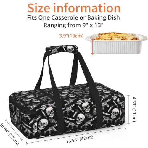 Casserole Carrier with Handles Urban Skull Print | Creative Monochrome Urban Mix Skull, Thermal Carrier with Handles Zipper Fits 9x13 Baking Dish Potluck BBQ Travel - color: Pattern (761)
