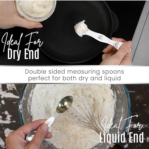 Magnetic Measuring Spoons Set of 9 Stainless Steel Dual-Sided Stackable Measuring Spoon Nesting Teaspoons Measuring Dry and Liquid Ingredients, Fits in Spice Jars Set of 9 (White) - color: White