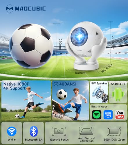 Smart Projector with Wifi and Bluetooth, Native 1080P 4K Support Projector | 400 ANSI, Android 14, Electric Focus Auto Keystone, Portable Mini Projector for Home Outdoor, Phone, Laptop, PS5 Compatible