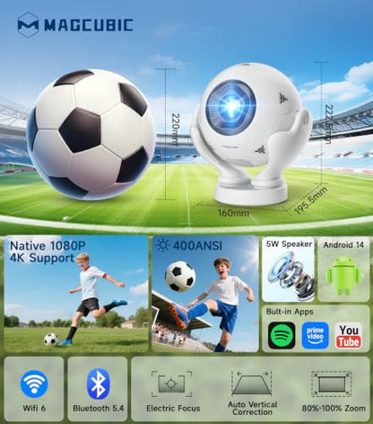 Smart Projector with Wifi and Bluetooth, Native 1080P 4K Support Projector | 400 ANSI, Android 14, Electric Focus Auto Keystone, Portable Mini Projector for Home Outdoor, Phone, Laptop, PS5 Compatible