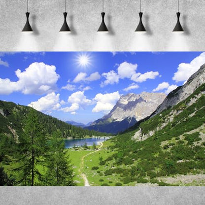 Mountains Aquarium Background Green Gobi Plants Pine Tree Terrarium Background Tranquil Lake Blue Sky Sunbeam with Cloud Fish Tank Background Mountain Theme Reptile Habitat Background 24x16in - color: Blue_Green, size: 24(W)x16(H)in