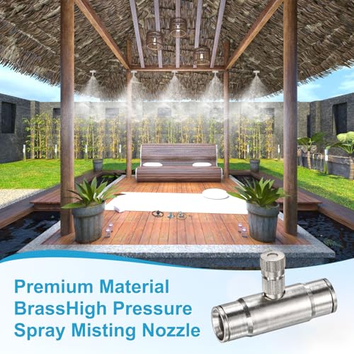 M METERXITY 20-Pack Brass Misting Nozzle Tee Kit, 0.1mm Orifice Dia. High Pressure Spray Misting Nozzle Head, Slip Connectors for 3/8 Inch Drip Irrigation Tubing Kit Outdoor [3/16" Threaded] - size: 0.1mm