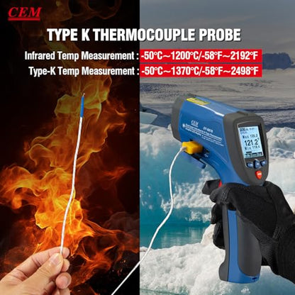 CEM DS 50:1 Infrared Thermometer Temperature Gun,-58°F to 2192F°Adjustable Emissivity IR Temp Gun,Dual Laser HVAC Cooking Pyrometer,0.15S Response Thermal Heat Leak Detector with K-Type Probe&USB