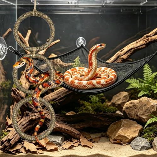 2 Pcs Snake Enrichment Toys with Hammock, 3-Ring Snake Climbing Accessories for Ball Python, Reptiles Climbing Toy Hammocks, Snakes Tank Accessories
