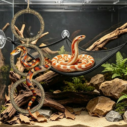 2 Pcs Snake Enrichment Toys with Hammock, 3-Ring Snake Climbing Accessories for Ball Python, Reptiles Climbing Toy Hammocks, Snakes Tank Accessories