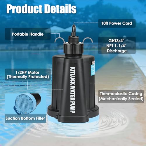 KITLUCK Submersible Water Pump, 1/2HP Thermoplastic Sump Pump, Portable Utility Pump with 10ft Cord, Hose Adapter, 2000GPH High Flow Water Removal for Swimming Pool, Garden Pond, Flood Basement, Tub - style: 1/2 Submersible Pump