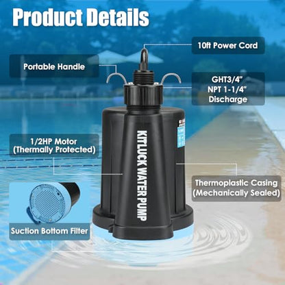KITLUCK Submersible Water Pump, 1/2HP Thermoplastic Sump Pump, Portable Utility Pump with 10ft Cord, Hose Adapter, 2000GPH High Flow Water Removal for Swimming Pool, Garden Pond, Flood Basement, Tub - style: 1/2 Submersible Pump