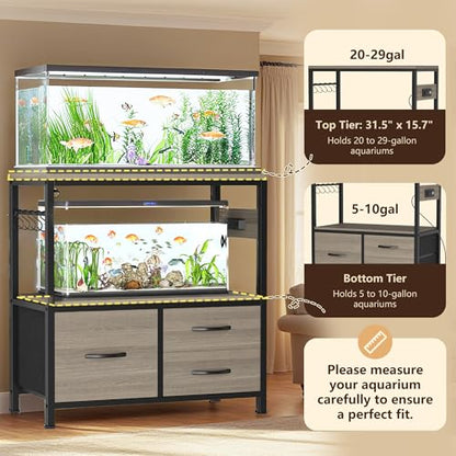 Heybly 20-29 Gal Fish Tank Stand with Drawer, Power Outlet,330lbs HAS001SG | Aquarium Stand,Heavy Duty Metal Frame for Fish Tank, Turtle & Reptile Terrarium, 31.5" x 15.7" Top, Rustic Gray - color: Greige, size: 20-29 gal