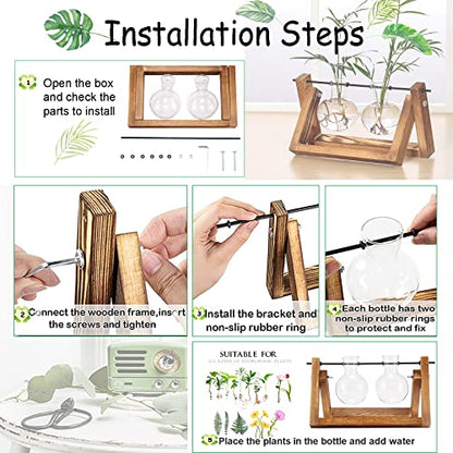 Kingbuy Glass Desktop Planter with Retro Wooden Stand, 2 Bulbs | Plant Terrarium Vase, Indoor Office Desk Decor, Accessories - size: 2 Bulb Vase