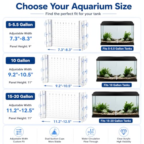 Fish Tank Divider Adjustable Acrylic Separator for 10 Gallon Tanks | Fits 10 gallon aquariums, adjustable 9.2"-10.5" width, clear acrylic panel, dual suction cups, freshwater divider - size: 9x11(10Gallon )