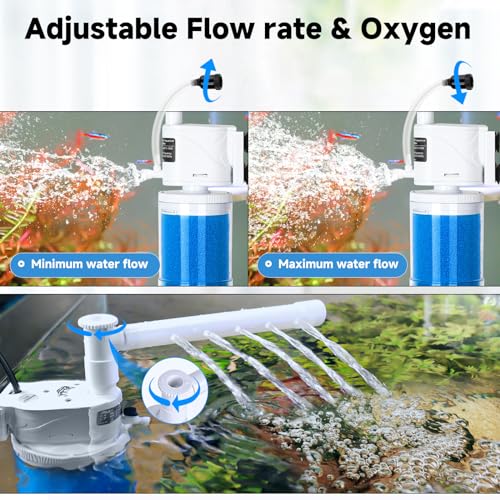 AQQA Submersible Aquarium Filter Whisper Fish Tank Filters Adjustable Internal Power Filter for 50-100 Gallon Water Filtration/Circulation/Oxygenation (15W，260GPH)