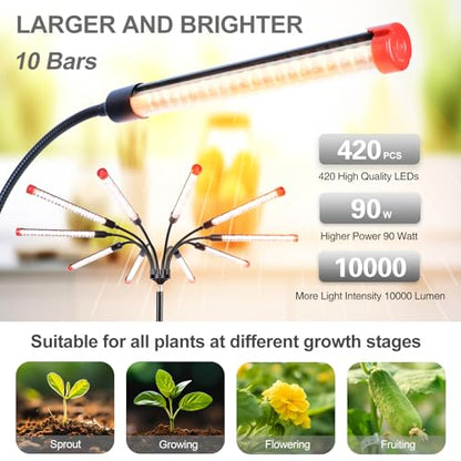 FECiDA Gamechanger! 90 Watt Power Draw, NO Need Adapter, 10Head Grow Light with Tripod Stand, 2026 Big Coverage LED Grow Lights for Indoor Tall Plants, Bonsai Tree, 4/8/12/16/20H Timer - size: Stand-10Head-90W