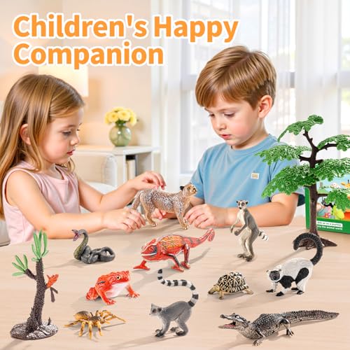 12PCS Realistic Madagascar Animal Figurines Toys Plastic Jungle Animals | Figures Playset, Lemur, Chameleon, Tortoise, Frog, Crocodile, Snake with Tree Valentine's Day Gifts for Kids - style: 12PCS Madagascar Reptile Animals