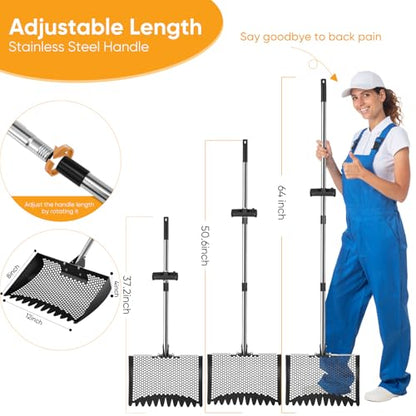 12inch Chicken Poop Scooper & Rake 2-in-1 with Adjustable Handle | Heavy Duty Metal Chicken Coop Scoop for Sand, Adjustable Angle Stainless Steel Chicken Coop Rake Litter Sifting Shovel 37-64" - color: Black