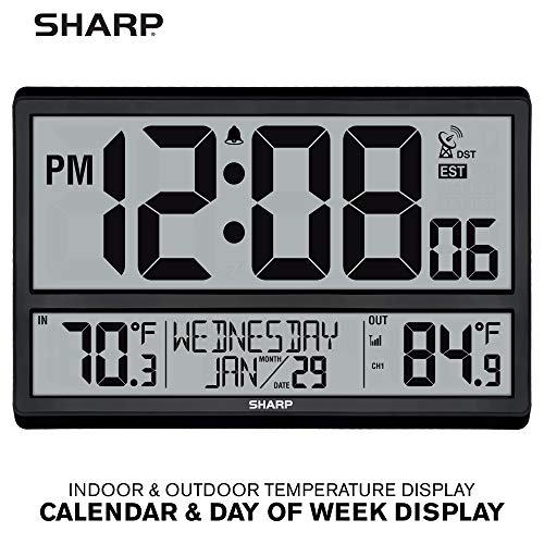 Sharp Atomic Clock with 4-Inch Display, Outdoor Sensor, Battery Powered | 4-inch numbers; Self-setting atomic time; Indoor/outdoor temperature; Wireless sensor; Battery powered; Easy setup