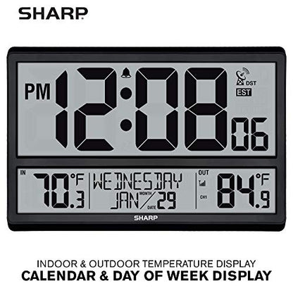 Sharp Atomic Clock with 4-Inch Display, Outdoor Sensor, Battery Powered | 4-inch numbers; Self-setting atomic time; Indoor/outdoor temperature; Wireless sensor; Battery powered; Easy setup