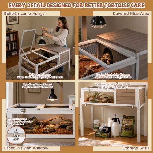 Furniture Style Tortoise Enclosure with Stand, Dual-Zone Tortoise Habitat with Hide Area, Built-in Lamp Holder, Large Acrylic Viewing Window, Easy Assembly Indoor Reptile Habitat