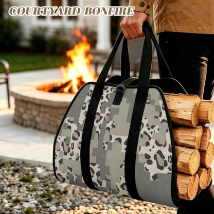 Leopard Camo Print Firewood Carrier Bag for Fireplace Camping | Soft Padded Handles, Large Capacity, Lightweight Foldable Design, for RV Trips and Backyard Fire Parties - color: Gray Block Leopard Camo Splice Print