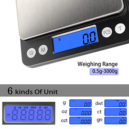 Fuzion Small Gram Scale 3000g, Digital Kitchen Food Scale, Gram and Ounce | 0.1g Accuracy, 6 Modes, 2 Trays Included, LCD Display, Tare, Piece Counting, For Food, Coffee, Cooking, Herb, Reptiles, Coins - color: Black