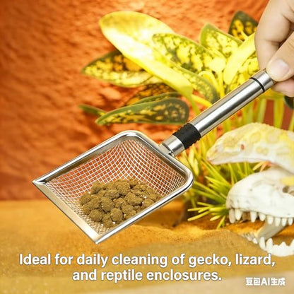 Stainless Steel Reptile Substrate Sifter, Deep Shovel Reptile Cleaner Scoop with Fine Mesh, Ergonomic Handle Reptile Waste Scooper for Gecko, Lizard, Bearded Dragon Enclosures