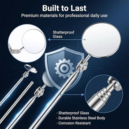 3 Pcs Stainless Steel Extendable Mechanic Mirror, Telescoping Inspection Mirror with Rotating Head, Round Mirrors on a Stick, Mechanical Mirrors Tool with Long Handle and Clip-On Design for Mechanics