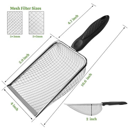 2Pcs Cat Litter Scoop Metal Stainless Steel Mesh Kitty Litter Scoop with Hook, Cat Scooper for Litter Box, Filter Small Pieces Quickly, Easy to Clean and Durable (3mm/5mm Mesh)