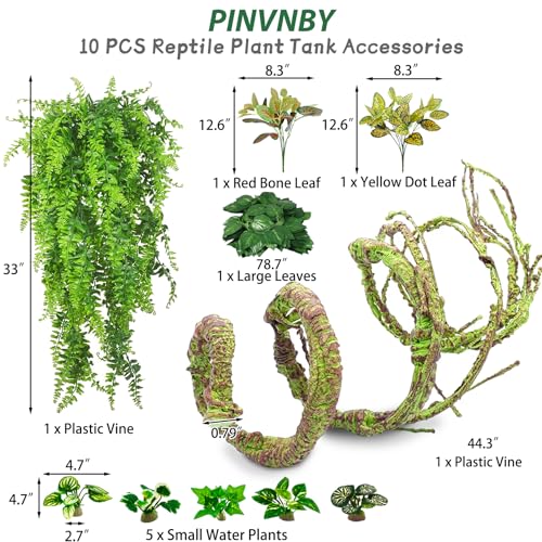 PINVNBY 10 PCS Reptile Plants Vine, Terrarium Hanging Flexible Climbing Artificial Leaves Reptile Hide, Bearded Dragon Tank Accessories, Terrarium Decor for Leopard Gecko Lizard Snake Geckos - size: 10PCS