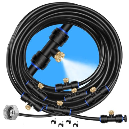 GOXAWEE Misting Cooling System, 26FT (8M) Mist Line, 7 Brass Mister Nozzles | 3/4" Brass Adapter, Outdoor Misters for Outside Patio Backyard Garden Greenhouse Deck Canopy Trampoline Porch Sprinkler Pool - size: 26 ft