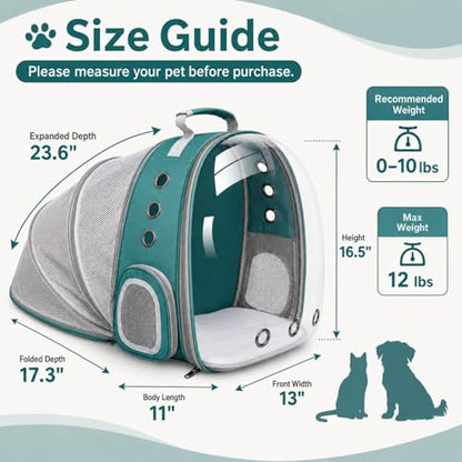 Expandable Cat Carrier Backpack with Bubble Window, Green | Breathable mesh, anti-collapse frame, side door, safety leash and escape-resistant zippers for vet visits and outdoor travel. - color: Green