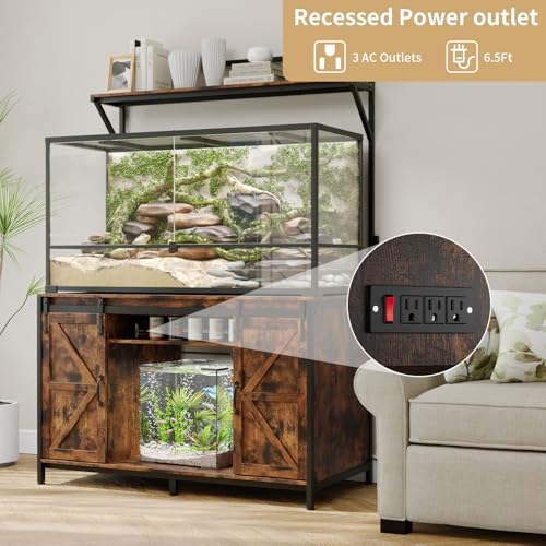 VOWNER 48"x24"Reptile Tank Stand with Power Outlet & Storage Cabinet, Brown | Fits up to 120 Gallon Bearded Dragon Tank, Sliding Barn Doors, Heavy Duty Aquarium Stand, Reptile Turtle Terrarium Stand - color: Rustic Brown