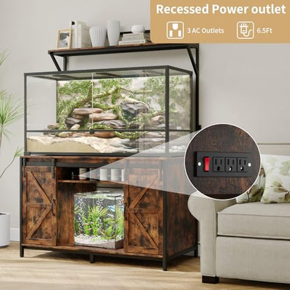 VOWNER 48"x24"Reptile Tank Stand with Power Outlet & Storage Cabinet, Brown | Fits up to 120 Gallon Bearded Dragon Tank, Sliding Barn Doors, Heavy Duty Aquarium Stand, Reptile Turtle Terrarium Stand - color: Rustic Brown