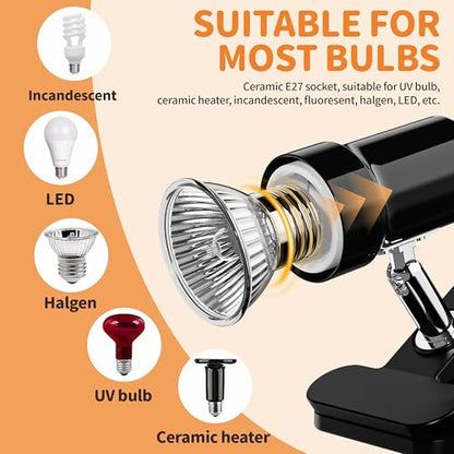 GOZILLA Reptile Heat Lamp, 360°Rota-Table Turtle Light with 25W+50W UVA/UVB Reptile Light Bulbs, Turtle Lamp for Reptile and Amphibian Tanks, Terrariums and Cages.（Black） - color: Lamp-Black