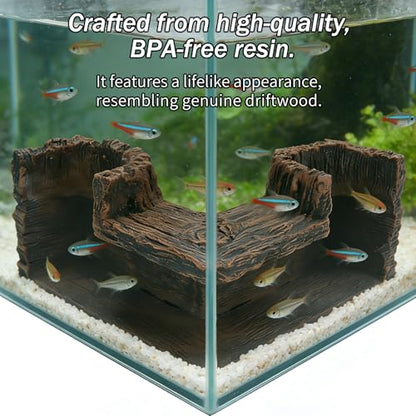 90° Corner Aquarium Tunnel Hide, Resin Driftwood Cave, 5.1 x 5.1 Inch | Wide Entrances Create a Cozy Retreat while Preserving Open Swimming Space for Shy Small-to-Medium Species
