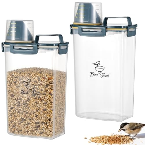 2 Pcs 3.17 Qt/3 L Bird Seed Storage Container Airtight- Portable Bird Food Container with Airtight Measuring Cup, Clear Pet Parrot Seed Dispenser for Birds Food Chicken Feed Storage, Blue Lid
