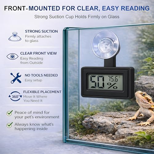 2 Pcs Suction Cup Reptile Thermometer Hygrometer, Fast-Read °F/°C Digital Temp&Humidity Gauge for Terrarium Tank Enclosure,for Gecko,Bearded Dragon,Snake,Tortoise,Hermit Crab,Jumping Spider (Black) - color: Black