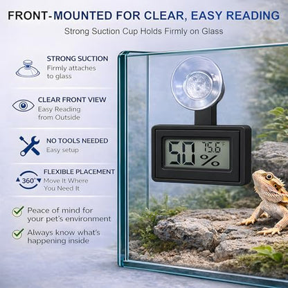 2 Pcs Suction Cup Reptile Thermometer Hygrometer, Fast-Read °F/°C Digital Temp&Humidity Gauge for Terrarium Tank Enclosure,for Gecko,Bearded Dragon,Snake,Tortoise,Hermit Crab,Jumping Spider (Black) - color: Black