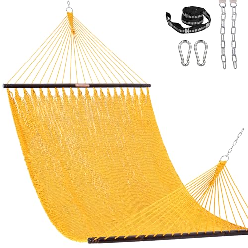 Lazy Daze Hammocks 13 FT Extra Large 2+ Person Caribbean Rope Hammock, Hand Woven Polyester XL Hammock with Spreader Bars, for Outside Outdoor Backyard Patio Poolside, 500 LBS Capacity, Yellow - color: Yellow