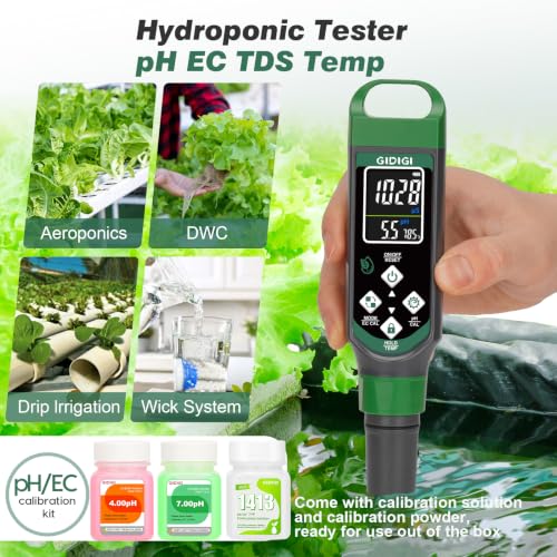 Hydroponic Nutrient Tester pH Meter, Digital TDS PPM Meter for Water | ATC/AAA Battery/Calibration Kit/pH Reset, 4 in 1 EC TDS Hydroponic pH Kit for DWC/NFT/Aeroponic Systems Hydroponic Garden
