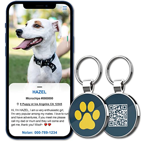 MYLUCKYTAG QR Code Pet ID | Personalized Dog & Cat Collar Tag | Online Profile with Instant Scanned Location Alert Email - style: Yellow Paw