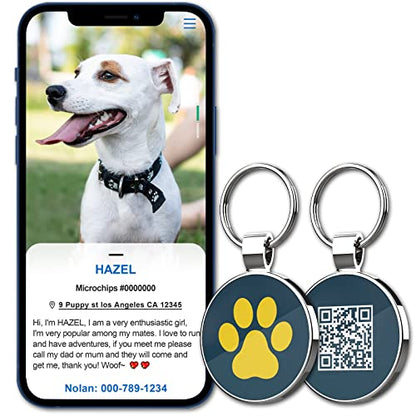 MYLUCKYTAG QR Code Pet ID | Personalized Dog & Cat Collar Tag | Online Profile with Instant Scanned Location Alert Email - style: Yellow Paw