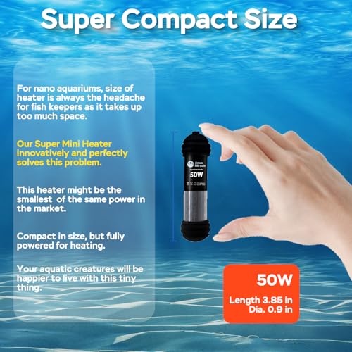 AquaMiracle 50W Small Aquarium Heater Fish Heater, Super Mini Fish Tank Heater Turtle Tank Heater for 5-10 Gal Tanks, with Dual LED Display, Dry-Run/Overheating Protection & Memory Function - size: 5-10 Gal Tanks