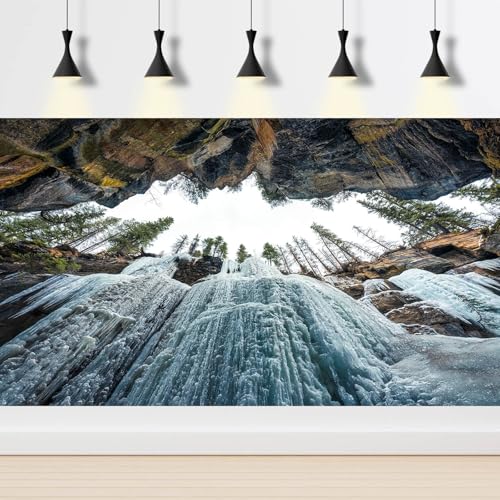 Winter Waterfall Aquarium Background Maligne Canyon of Rock Eroded Fish Tank Background Wintry Frosty Ice Waterfall Nature Landscape Terrarium Backgrounds Winter Pine Trees Tank Backgrounds 24x12in - color: Dark Brown, size: 24(W)x12(H)inches/ 60(W)*30cm(