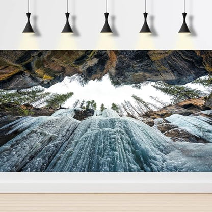 Winter Waterfall Aquarium Background Maligne Canyon of Rock Eroded Fish Tank Background Wintry Frosty Ice Waterfall Nature Landscape Terrarium Backgrounds Winter Pine Trees Tank Backgrounds 24x12in - color: Dark Brown, size: 24(W)x12(H)inches/ 60(W)*30cm(