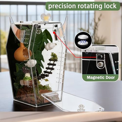 Acrylic Jumping Spider Enclosure，3mm Clear Coffin Terrarium with Magnetic Door & Feeding Hole, Secure Habitat for Jumping Spiders, Mantis, Small Tarantulas