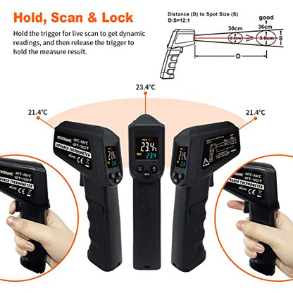 Infrared Thermometer Temperature Gun -58℉~ 1022℉ (-50℃ ~ 550℃) Non-Contact Instant-Read Digital Laser Infrared Ir Thermometer with Color Screen (Black) - color: Black