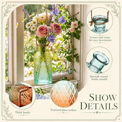 6 Pcs Stained Glass Hanging Vases Hanging Glass Planters 4 Styles Small Plant Terrarium Pot Containers with Rope for Garden Home Indoor Outdoor Decor Holders Wall Windowsill