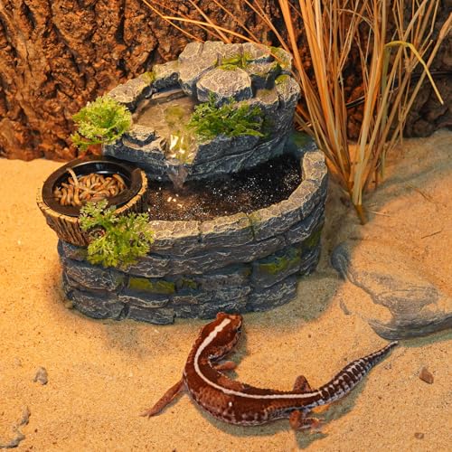 REPTI ZOO Reptile Water Fountain with Food Dish, 550ML Terrarium Waterfall Drinking Fountain for Bearded Dragon Gecko Chameleon Lizard Tree Frog Turtle, Reptile Water Dispenser, Keep Water Clear
