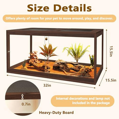 Bearded Dragon Tank 34 Gallon, 32 x 16 x 16 Inch Wooden Reptile Enclosure with Metal Mesh Top, Clear Acrylic Sliding Doors and Lock, Large Lizard and Snake Tank, Walnut - color: Walnut, size: 34 Gallons
