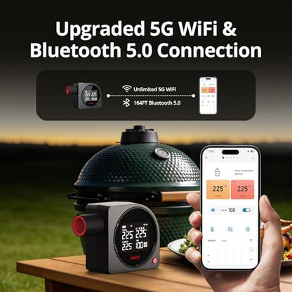 Smoker Temperature Controller for Big Green Egg, 5G WiFi & 164FT Bluetooth Automatic BBQ Fan with LCD Screen, 5 Probes, Overnight Cooking Grill Fan for Kamado, Weber, Ceramic Charcoal Grills